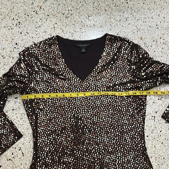 St John brown gold shiny sequin 3/4 sleeve neck blouse top small s - Picture 3 of 8